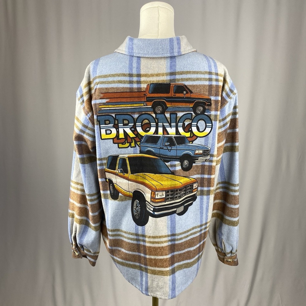 Ford Bronco Plaid Flannel Shacket Women S Blue Brown Graphic Back Gorpcore Retro